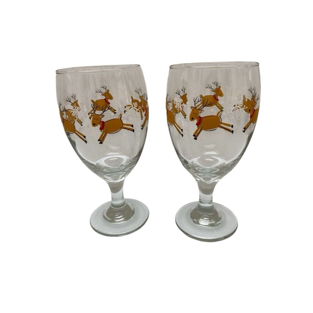 Set Of 2 Libbey Prancing Reindeer  Holiday Christmas Goblets 7” Tall 12 Oz